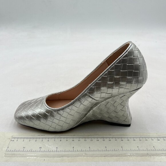 YDN Silver Braid Pumps Wedge High Heels Closed Square Toe Slip On Dressy Shoes - Picture 2 of 8